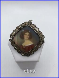 Antique Portrait Brooch Pin Cameo Hand Painted Victorian/ Red Dress/Gold