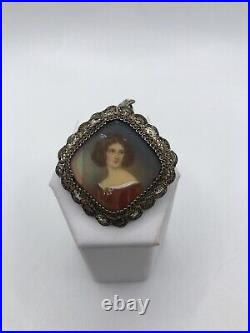 Antique Portrait Brooch Pin Cameo Hand Painted Victorian/ Red Dress/Gold