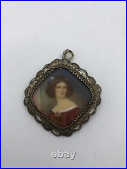 Antique Portrait Brooch Pin Cameo Hand Painted Victorian/ Red Dress/Gold