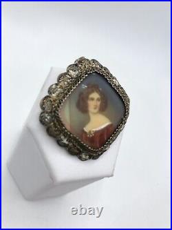 Antique Portrait Brooch Pin Cameo Hand Painted Victorian/ Red Dress/Gold