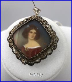 Antique Portrait Brooch Pin Cameo Hand Painted Victorian/ Red Dress/Gold