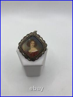 Antique Portrait Brooch Pin Cameo Hand Painted Victorian/ Red Dress/Gold