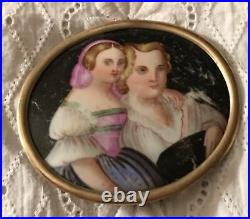 Antique Portrait Cameo Brooch Hand Painted Mother Child Pin Victorian Gold Vtg