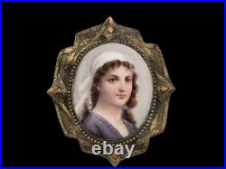 Antique Portrait Cameo Brooch Hand Painted Porcelain With Gold Tone Frame 1800s