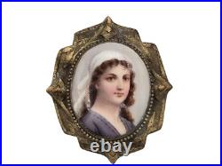 Antique Portrait Cameo Brooch Hand Painted Porcelain With Gold Tone Frame 1800s