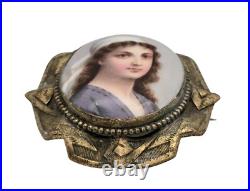 Antique Portrait Cameo Brooch Hand Painted Porcelain With Gold Tone Frame 1800s