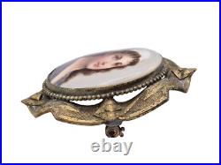 Antique Portrait Cameo Brooch Hand Painted Porcelain With Gold Tone Frame 1800s