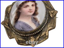 Antique Portrait Cameo Brooch Hand Painted Porcelain With Gold Tone Frame 1800s