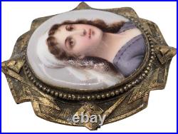 Antique Portrait Cameo Brooch Hand Painted Porcelain With Gold Tone Frame 1800s