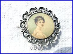 Antique Portrait Miniature Sterling Silver Pin Hand Painted Painting Under Glass