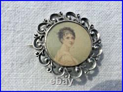 Antique Portrait Miniature Sterling Silver Pin Hand Painted Painting Under Glass