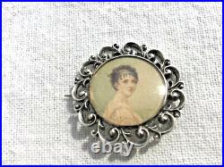 Antique Portrait Miniature Sterling Silver Pin Hand Painted Painting Under Glass