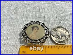 Antique Portrait Miniature Sterling Silver Pin Hand Painted Painting Under Glass