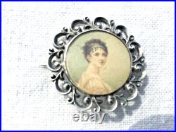 Antique Portrait Miniature Sterling Silver Pin Hand Painted Under Glass Estate Antique Portrait Miniature Sterling Silver Pin Hand Painted Under Glass Estate