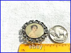 Antique Portrait Miniature Sterling Silver Pin Hand Painted Under Glass UNIQUE
