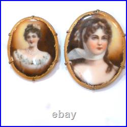 Antique Pr Hand Painted Porcelain Brooch Pins Excellent Condition