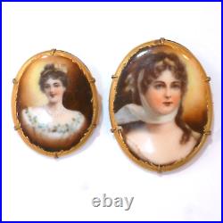 Antique Pr Hand Painted Porcelain Brooch Pins Excellent Condition