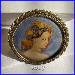 Antique Rare Portrait of French Woman Hand Painting Miniature Pin Brooch