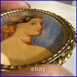 Antique Rare Portrait of La Grande Odalisque Hand Painting Miniature Pin Brooch