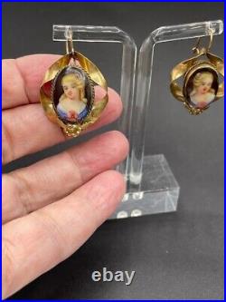 Antique Rolled Gold Hand Painted Porcelain 19th Century Woman Earrings