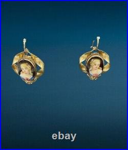 Antique Rolled Gold Hand Painted Porcelain 19th Century Woman Earrings