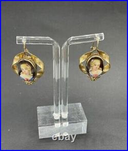 Antique Rolled Gold Hand Painted Porcelain 19th Century Woman Earrings