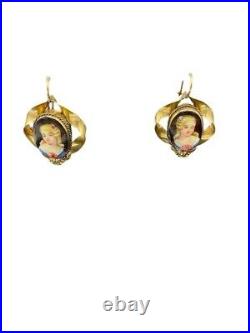 Antique Rolled Gold Hand Painted Porcelain 19th Century Woman Earrings