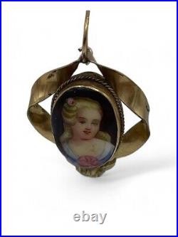 Antique Rolled Gold Hand Painted Porcelain 19th Century Woman Earrings