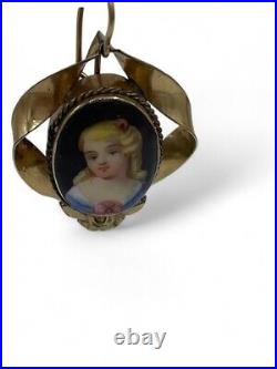 Antique Rolled Gold Hand Painted Porcelain 19th Century Woman Earrings