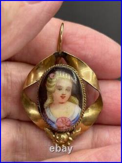 Antique Rolled Gold Hand Painted Porcelain 19th Century Woman Earrings