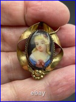 Antique Rolled Gold Hand Painted Porcelain 19th Century Woman Earrings