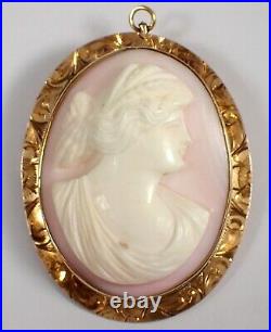 Antique SOLID 10k Yellow Gold 15.2g Hand Carved Lady SHELL Cameo Brooch Pendant