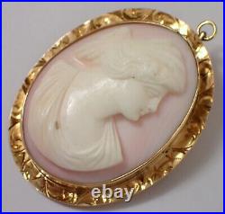 Antique SOLID 10k Yellow Gold 15.2g Hand Carved Lady SHELL Cameo Brooch Pendant