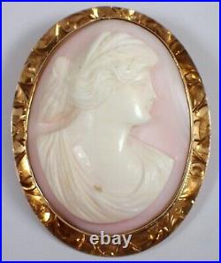 Antique SOLID 10k Yellow Gold 15.2g Hand Carved Lady SHELL Cameo Brooch Pendant