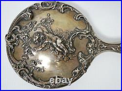 Antique STERLING Art Nouveau hand mirror silver 925/1000 Victorian Cherub ornate