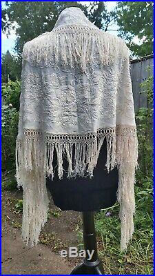 Antique Shawl Canton Piano Hand Embroidery Cream Silk Vintage Wedding Cape Stole