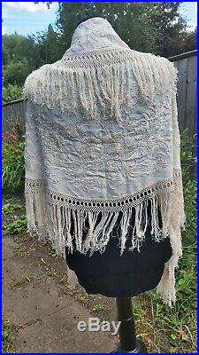 Antique Shawl Canton Piano Hand Embroidery Cream Silk Vintage Wedding Cape Stole