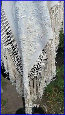 Antique Shawl Canton Piano Hand Embroidery Cream Silk Vintage Wedding Cape Stole