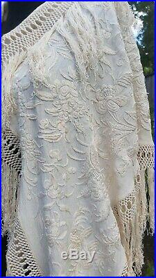 Antique Shawl Canton Piano Hand Embroidery Cream Silk Vintage Wedding Cape Stole