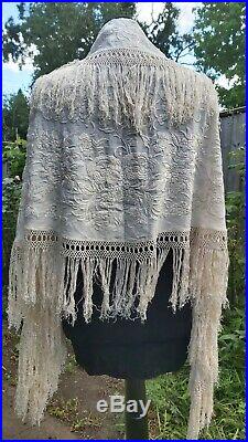 Antique Shawl Canton Piano Hand Embroidery Cream Silk Vintage Wedding Cape Stole