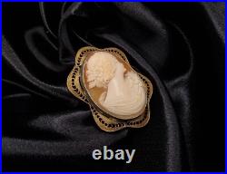 Antique Shell Cameo Brooch Hand Carved Victorian Lady Portrait
