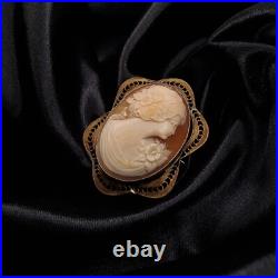 Antique Shell Cameo Brooch Hand Carved Victorian Lady Portrait