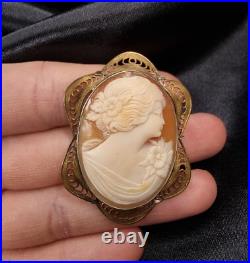 Antique Shell Cameo Brooch Hand Carved Victorian Lady Portrait