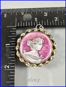 Antique Silver Gold Washed & Brass Victorian Hand Painted Lady Pendant