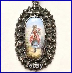 Antique Silver & Hand Painted Enamel Pendant, Late Georgian / Victorian