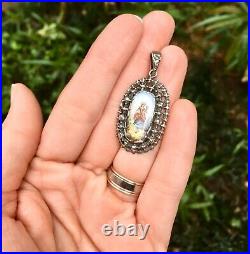 Antique Silver & Hand Painted Enamel Pendant, Late Georgian / Victorian