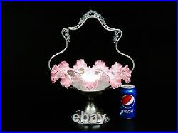 Antique Silver Plate Brides Basket with Pink Hand-painted Ruffle Bowl