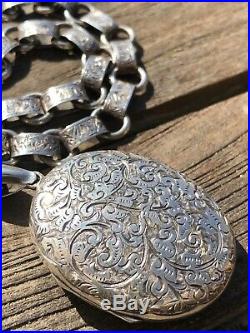 Antique Silver Victorian Double Locket And Collar Necklace Hand Engraved