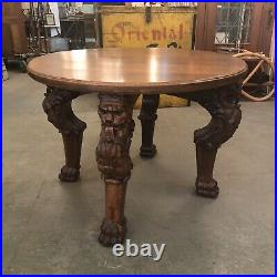 Antique Solid Oak Massive Hand Carved Griffin Round Dining or Library Table