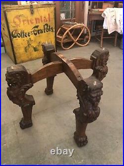 Antique Solid Oak Massive Hand Carved Griffin Round Dining or Library Table